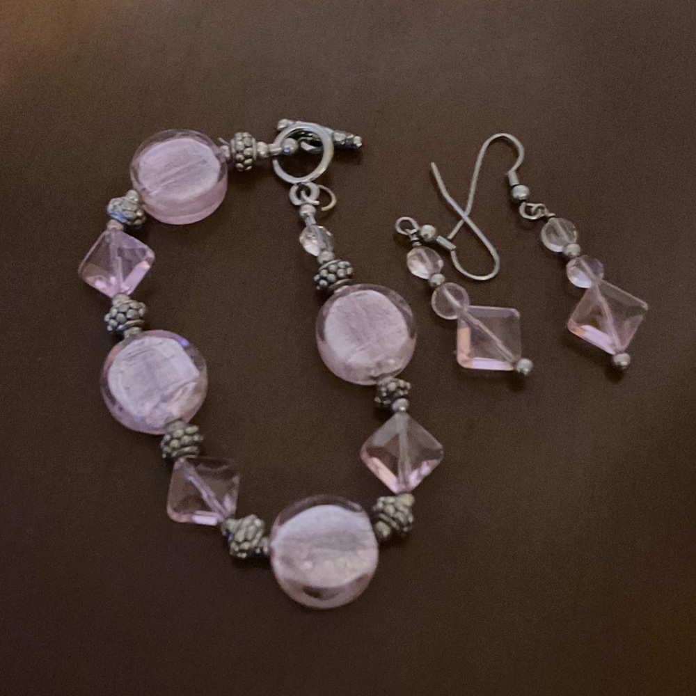 Pink beaded bracelet and drop earrings
